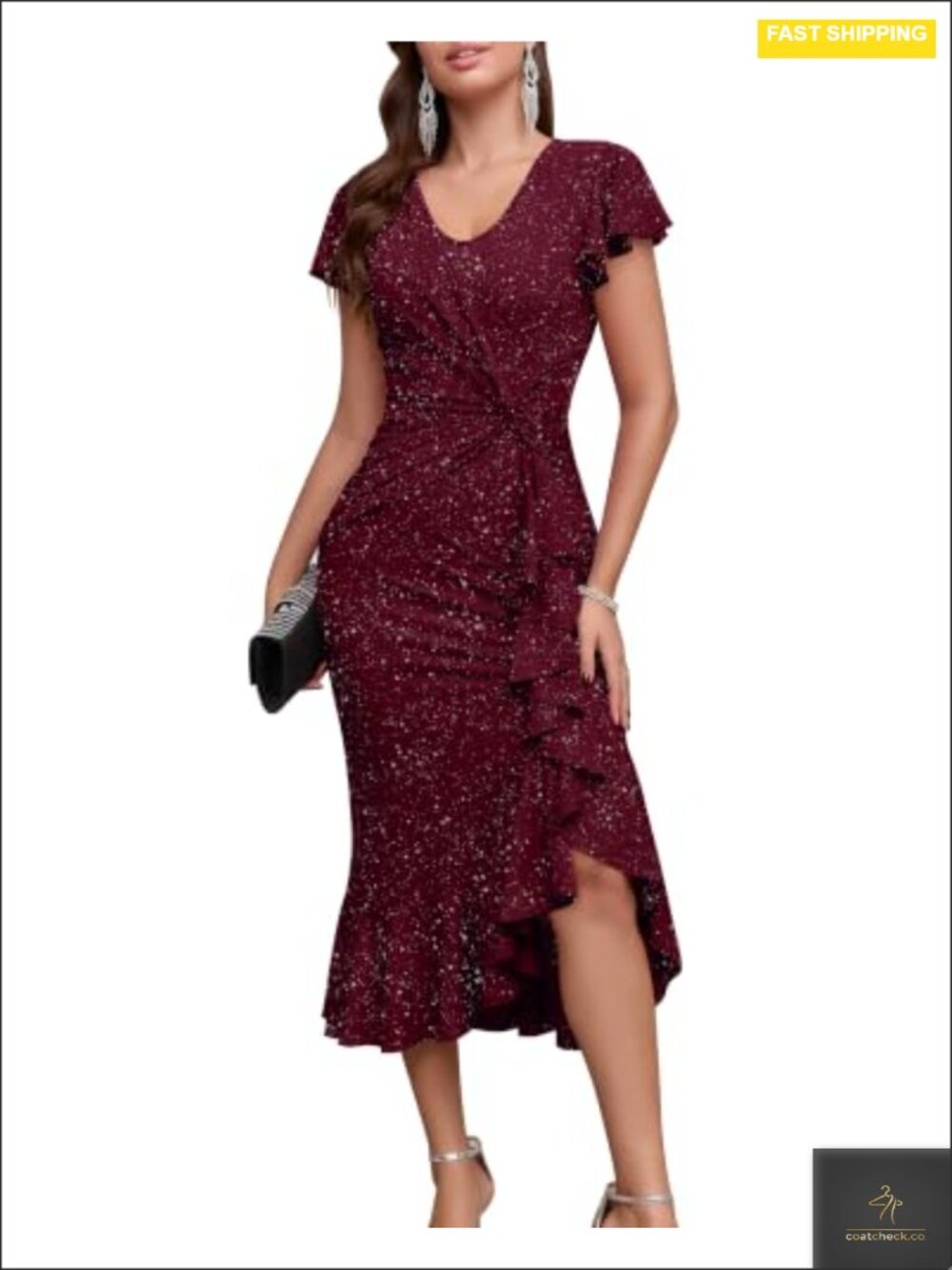 Sparkly Glitter Ruffle Sleeve Wrap Maxi Dress Formal Wedding Party
